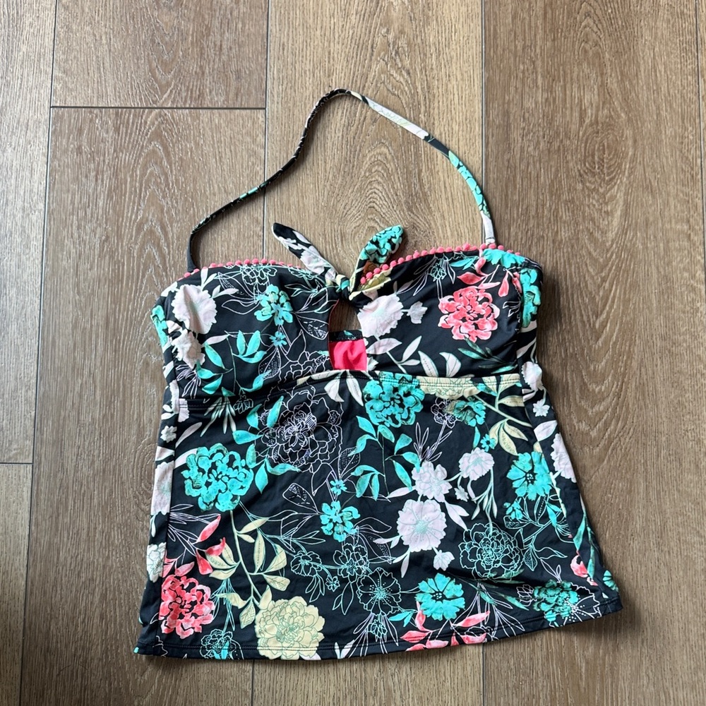Bar III Floral Halter Swim Top with Keyhole Detail